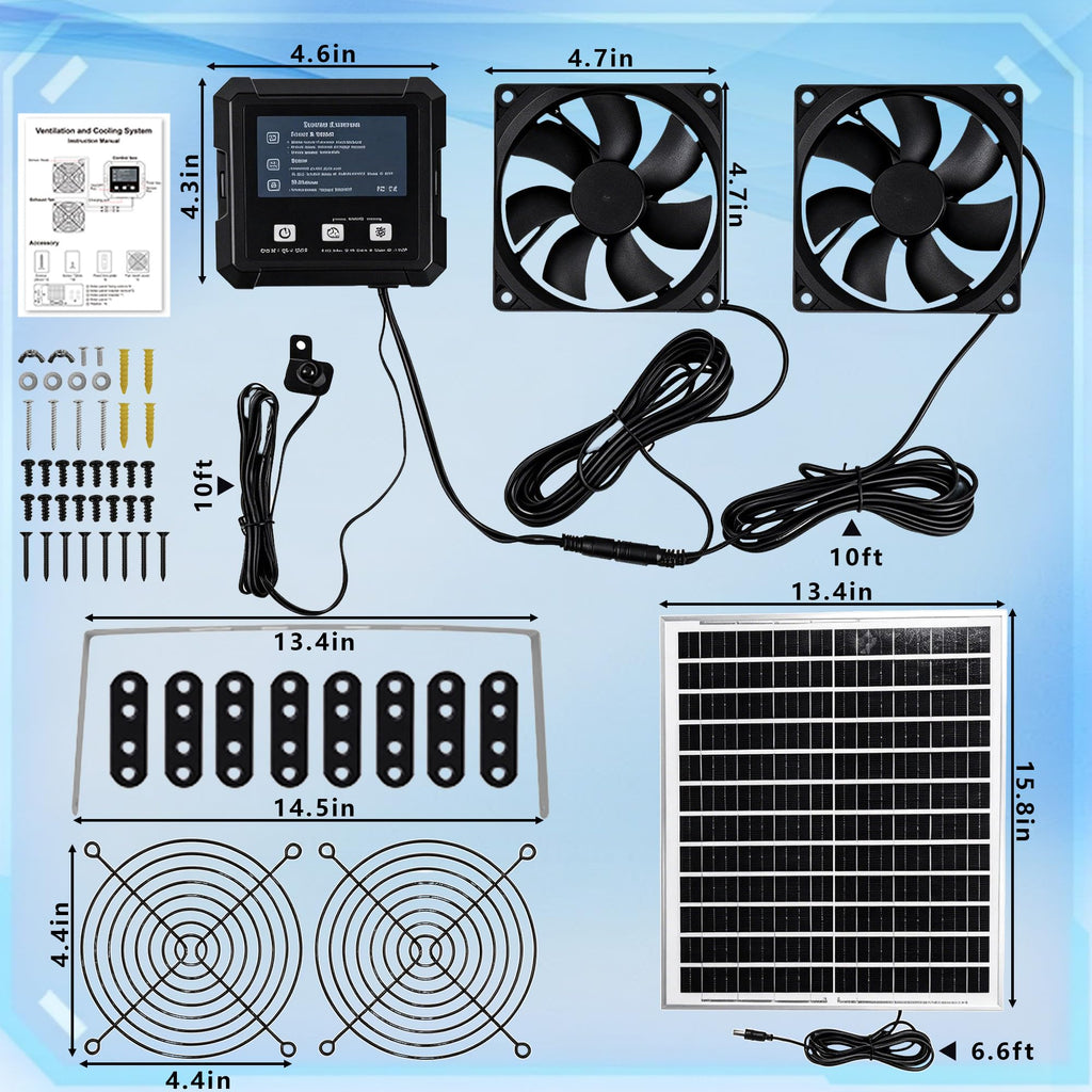 YRKUOEFD Solar Fan for Chicken Coop with 2 Fans and 3 Modes Controller Solar Exhaust Fan for Dog House Greenhouse Shed Outside Solar Powered Fans for Intake or Exhaust Vent Cooling