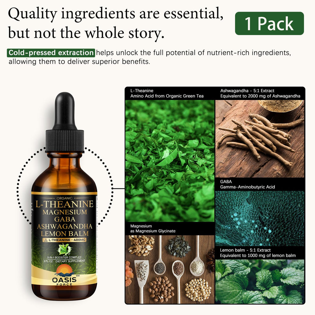 OASIS FORCE L Theanine 400mg Liquid Drops, L-Theanine Supplement for Adults & Kids with GABA, Magnesium & Ashwagandha, Natural Sleep, Focus & Relaxation Support, Vegan, Alcohol-Free, Non-GMO, 2 FL OZ