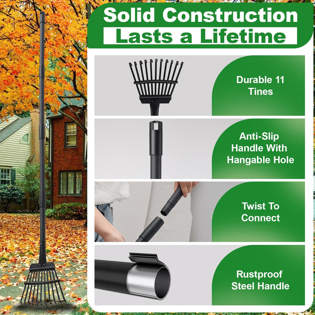 Rake for Leaves Small Metal Garden Tool with 11 Tines 63 Inch Adjustable Handle Sturdy Yard Rake for Gardening Gathering Leaves Weeds Debris, Black