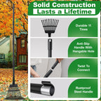 Rake for Leaves Small Metal Garden Tool with 11 Tines 63 Inch Adjustable Handle Sturdy Yard Rake for Gardening Gathering Leaves Weeds Debris, Black