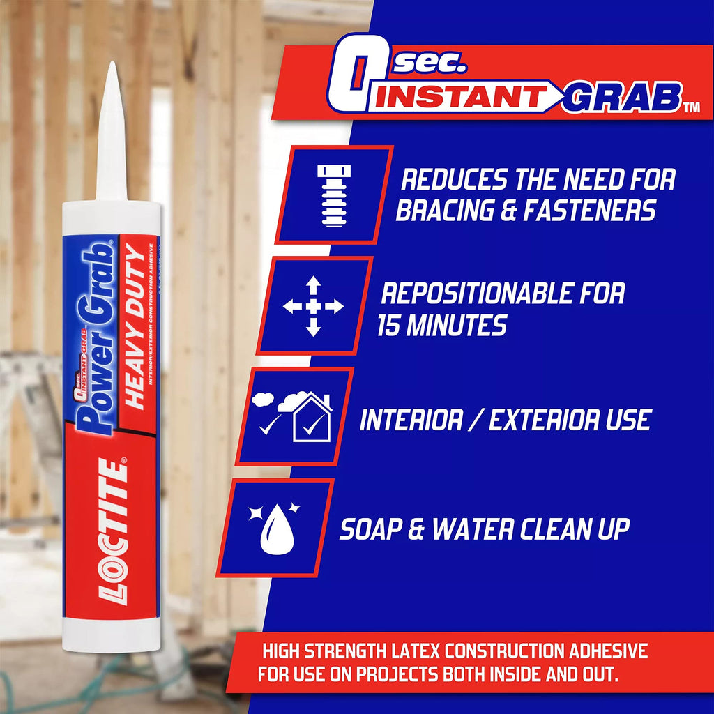 Loctite Power Grab Express Heavy Duty Construction Adhesive, 9 fl oz Cartridge, 1 Pack - Versatile Constuction Glue for Wood, Wall, Tile, Foam Board & More