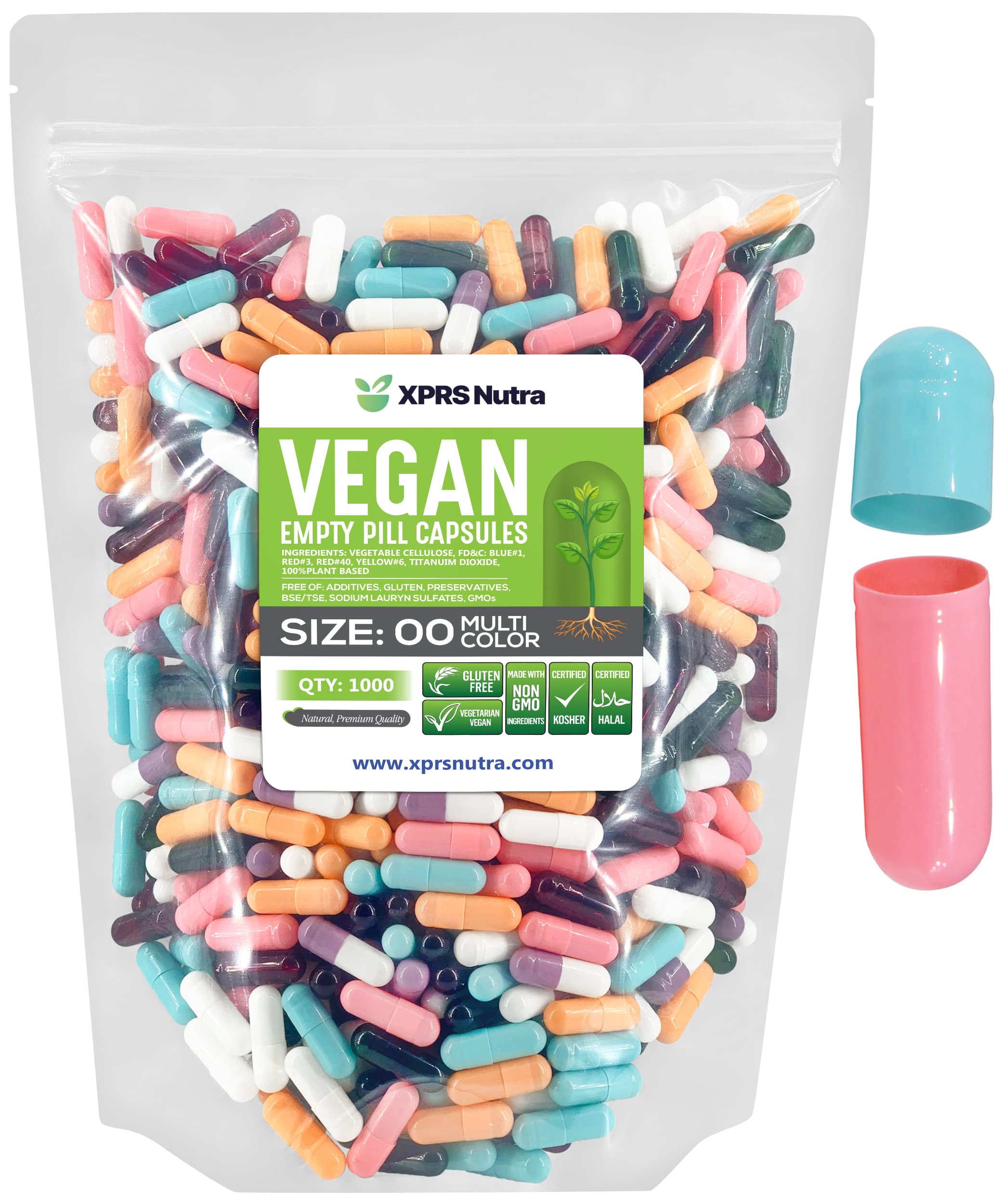 XPRS Nutra Size 00 Empty Capsules - 1000 Count Empty Vegan Capsules - Vegetarian Empty Pills - DIY Vegetable Capsule Filling- Veggie Pill Caps (Multi Color)
