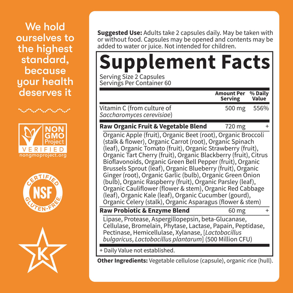 Garden of Life Vitamin Code Raw Vitamin C - 120 Capsules, 500mg Whole Food Vitamin C Capsules + Fruit & Veggie Blend & Probiotics, Supplements for Adults, Vegan, Gluten Free