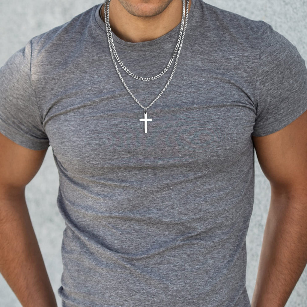 Yooblue Cross Necklace for Men, Mens Necklace Silver Layered Rope Chain Cross Pendant Simple Necklace Jewelry Gifts Dainty Cross Chain Necklace for Men 22 24 Inch Mens Gifts