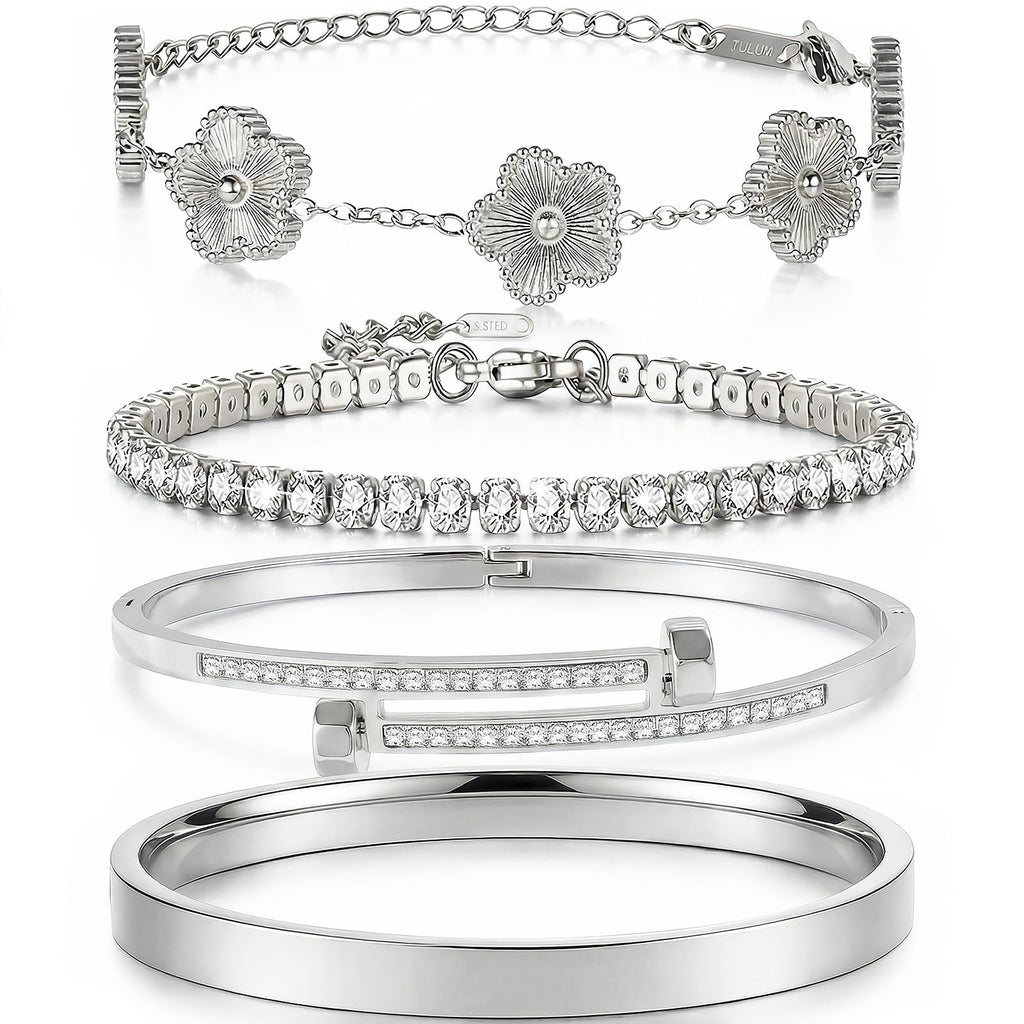 Camhanno Gold Bracelets for Women-4Pcs 18K Gold Plated Love Bangle Tennis Clover Nail Bracelets Stack Set for Women Trendy Non Tarnish Stainless Steel Gold Bangles Accessories Designer Jewelry (Silver Stack Bracelet -2)