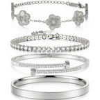 Camhanno Gold Bracelets for Women-4Pcs 18K Gold Plated Love Bangle Tennis Clover Nail Bracelets Stack Set for Women Trendy Non Tarnish Stainless Steel Gold Bangles Accessories Designer Jewelry (Silver Stack Bracelet -2)