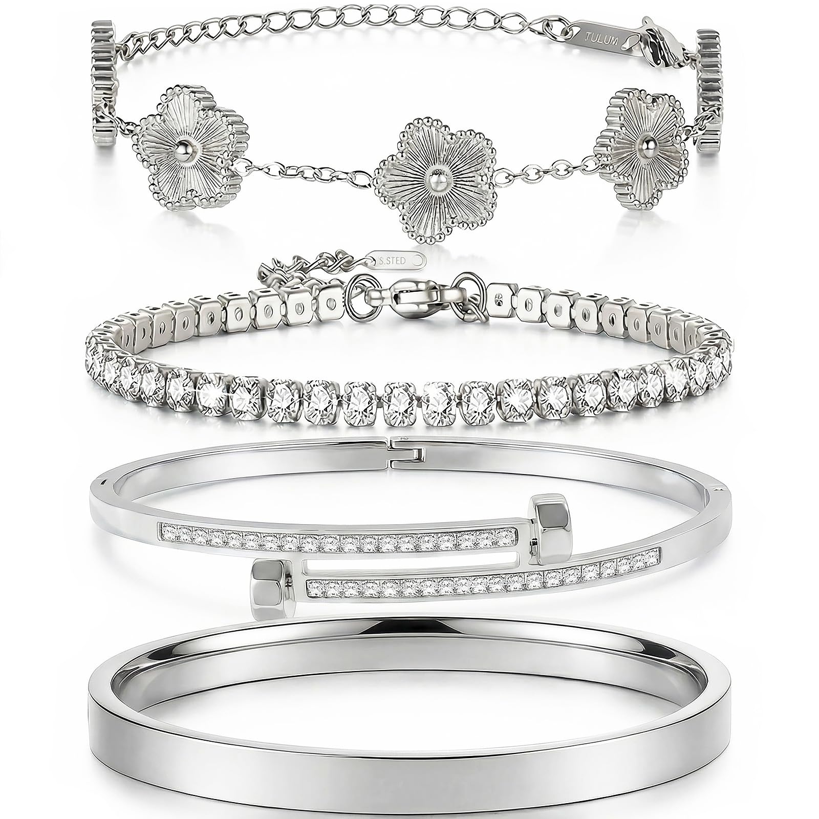 Camhanno Gold Bracelets for Women-4Pcs 18K Gold Plated Love Bangle Tennis Clover Nail Bracelets Stack Set for Women Trendy Non Tarnish Stainless Steel Gold Bangles Accessories Designer Jewelry (Silver Stack Bracelet -2)
