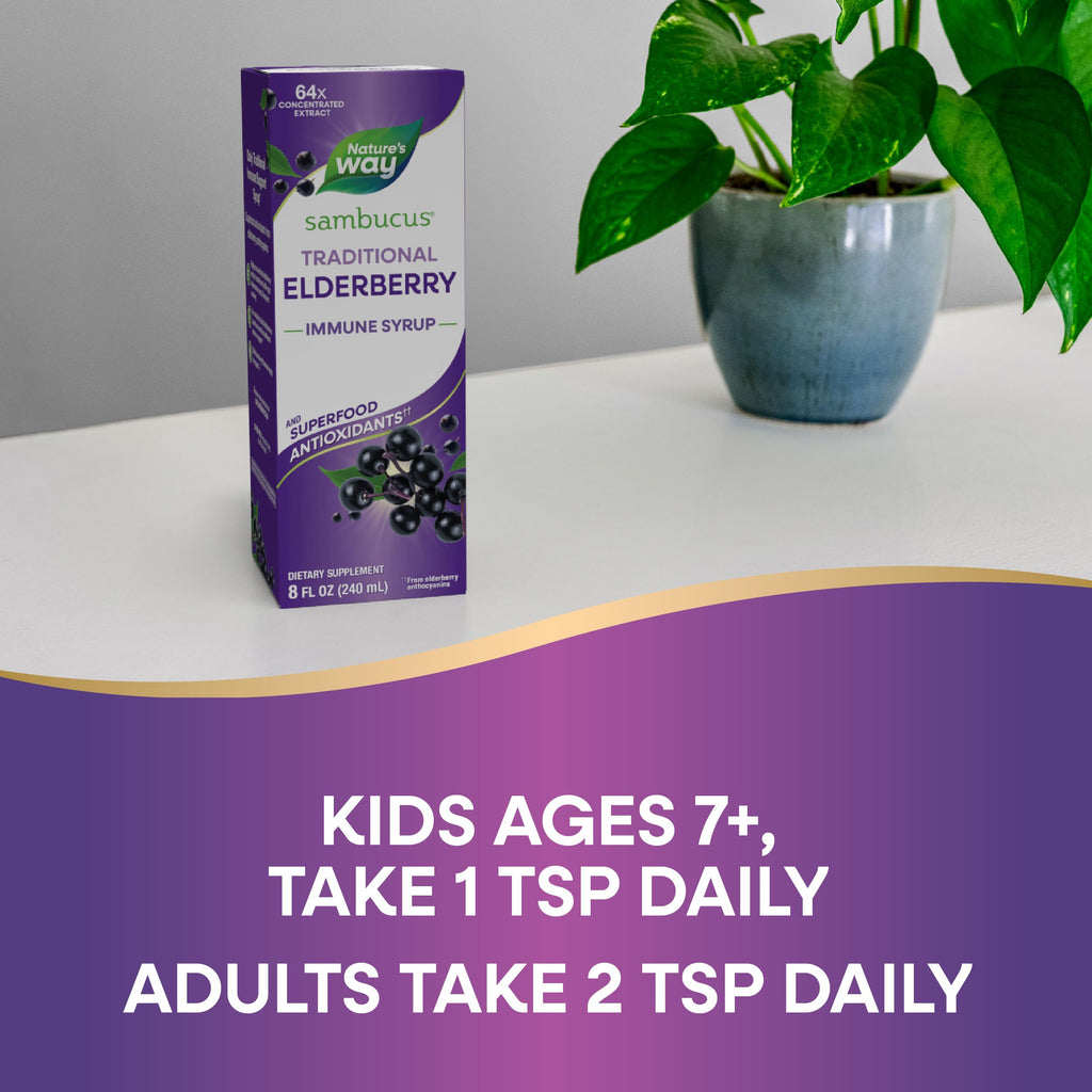 Nature’s Way Sambucus Elderberry Traditional Immune Syrup, Highly Concentrated Black Elderberry Extract, Traditional Immune Support*, Delicious Berry Flavored, 8 Fl Oz (Packaging May Vary)