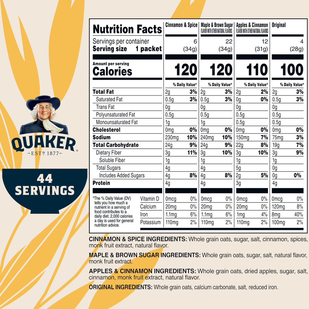 Quaker Instant Oatmeal Lower Sugar, 4 Flavor Variety Pack 44 Count (Pack of 1)