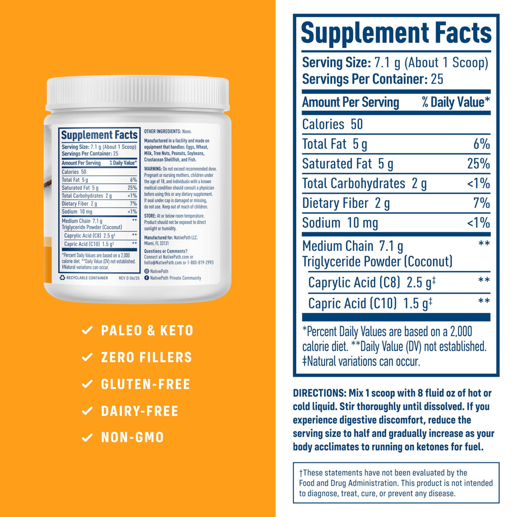 NativePath MCT Oil Powder Supplement - Unflavored MCT Powder with Keto-Friendly C8 MCTs. Free of Dairy, Gluten and GMOs, 25 Servings