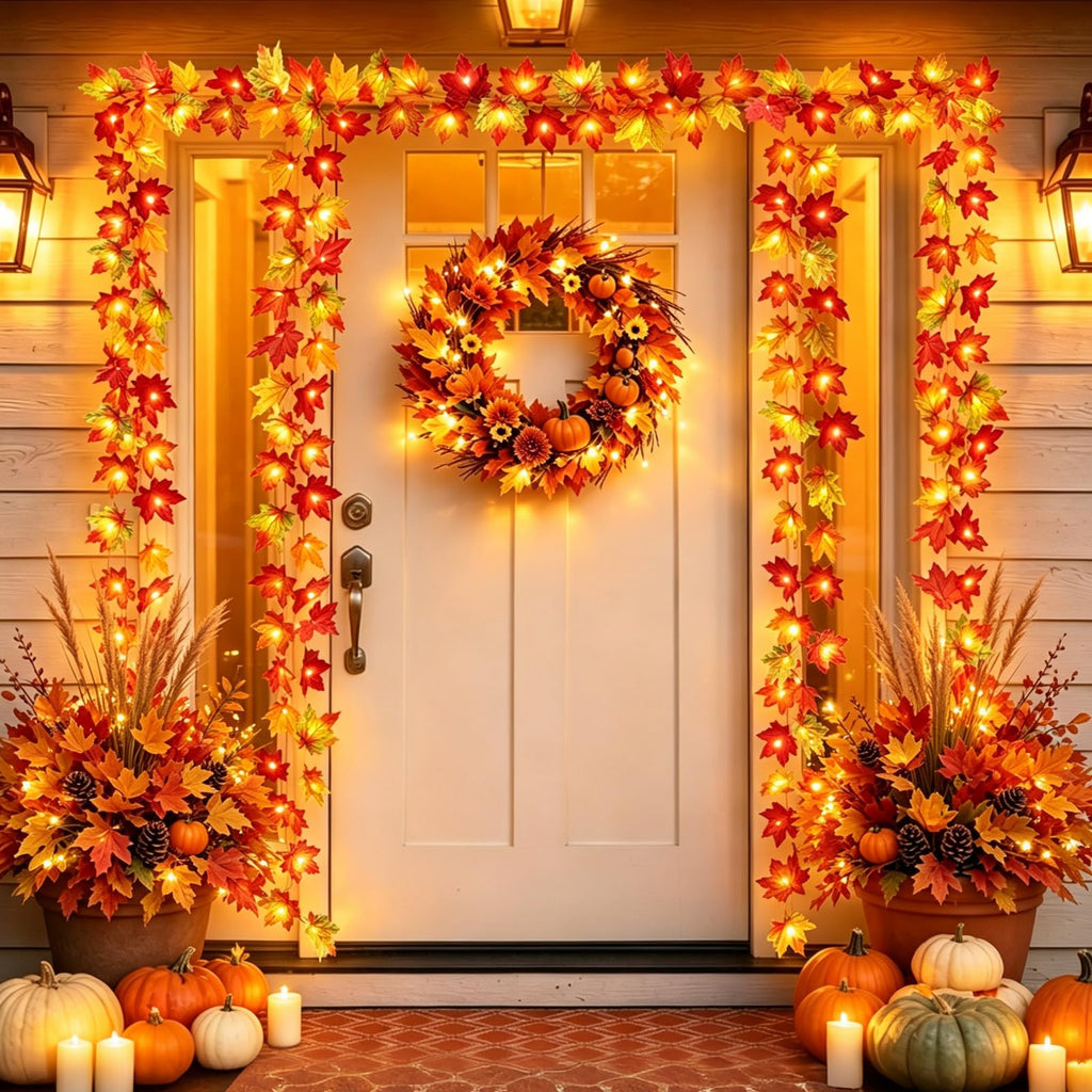 Runleo 4 Pack Fall Decorations Maple Leaf Lights Garland Total 40 ft 80 LED