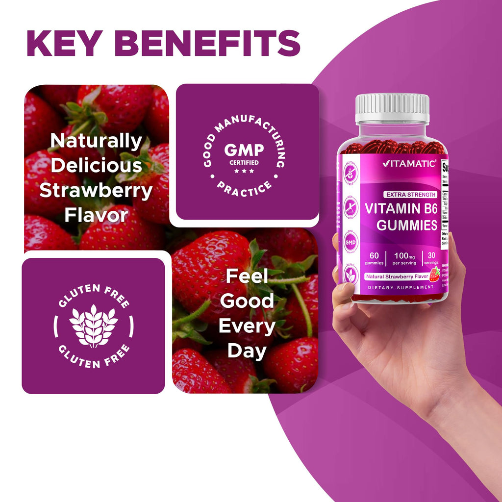 Vitamatic 2 Packs Vitamin B6 100mg Gummies – Natural Strawberry Flavor – 60 Pectin-Based Gummies per Bottle – Nervous System & Energy Support