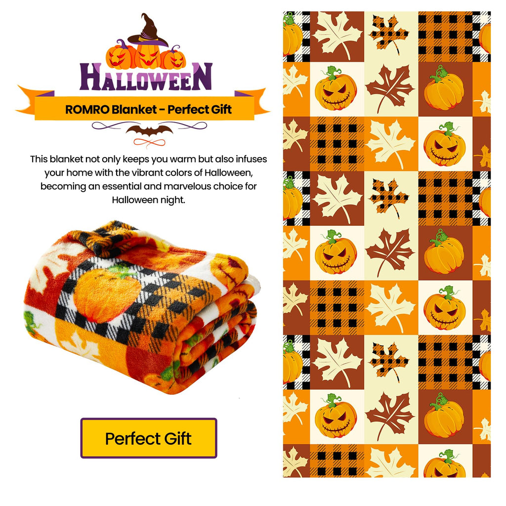 ROMROL Halloween Fleece Throw Blanket Pumpkin Fall Plaid Blanket 50x60