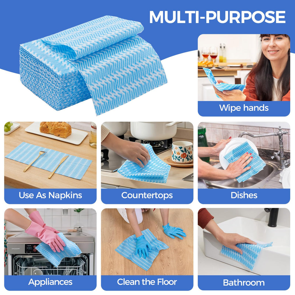Peachicha Reusable Cleaning Cloths Handi Wipes Reusable Cloths Disposabel Dish Towels Dry Handy Wipes Big Durable Absoebent and Dry Quickly 100 Count, Blue