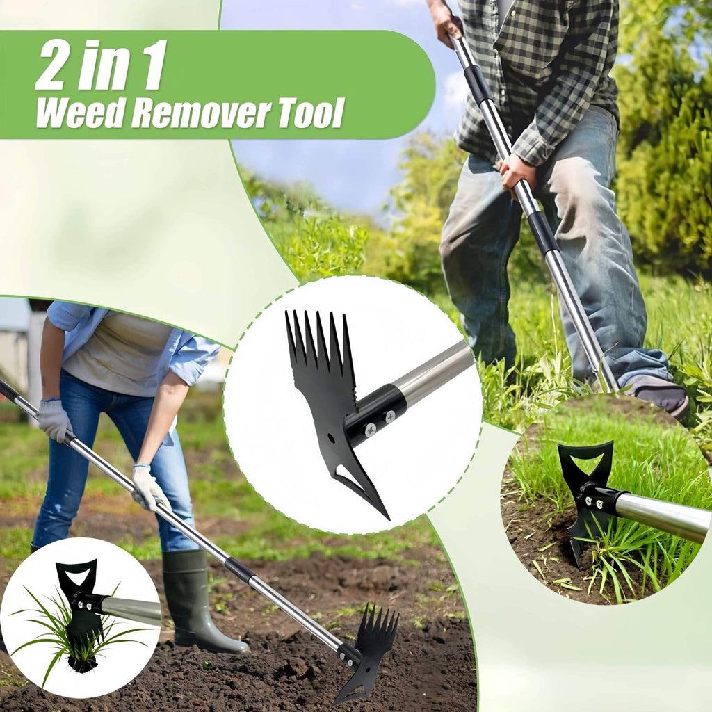 Weed Puller Tool 58" Telescoping, 2-in-1 Adjustable Manual Weeders Garden Hoe & Weed Rake, Long Handle Ergonomic Weeding Tool for Lawn, Garden & Yard Includes Work Gloves