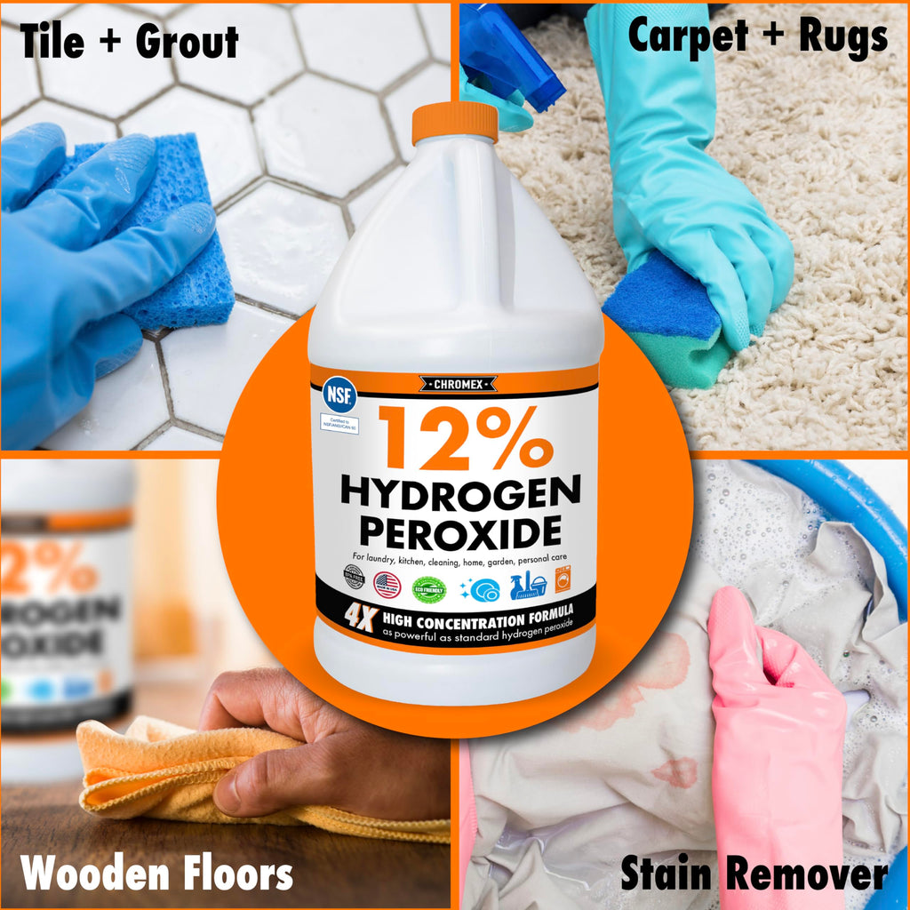 Chromex Hydrogen Peroxide 12 Percent Food Grade, 4X Power Concentrated Solution, Dilutes to 4 Gallons, Versatile Uses Include Topical Care, Home, Kitchen, Bath Cleaner, NSF Certified, 1 Gallon
