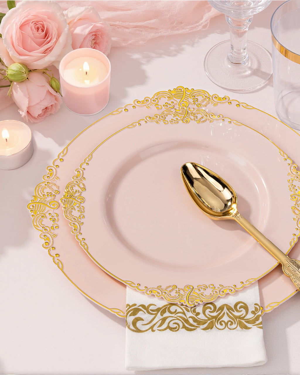 Nervure 350PCS Pink Plastic Plates - Pink Plastic Dinnerware Sets for 50 Guests - 100 Disposable Plates, 150 Gold Silverware, 50 Cups, 50 Napkins Perfect for Wedding & Party