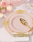 Nervure 350PCS Pink Plastic Plates - Pink Plastic Dinnerware Sets for 50 Guests - 100 Disposable Plates, 150 Gold Silverware, 50 Cups, 50 Napkins Perfect for Wedding & Party