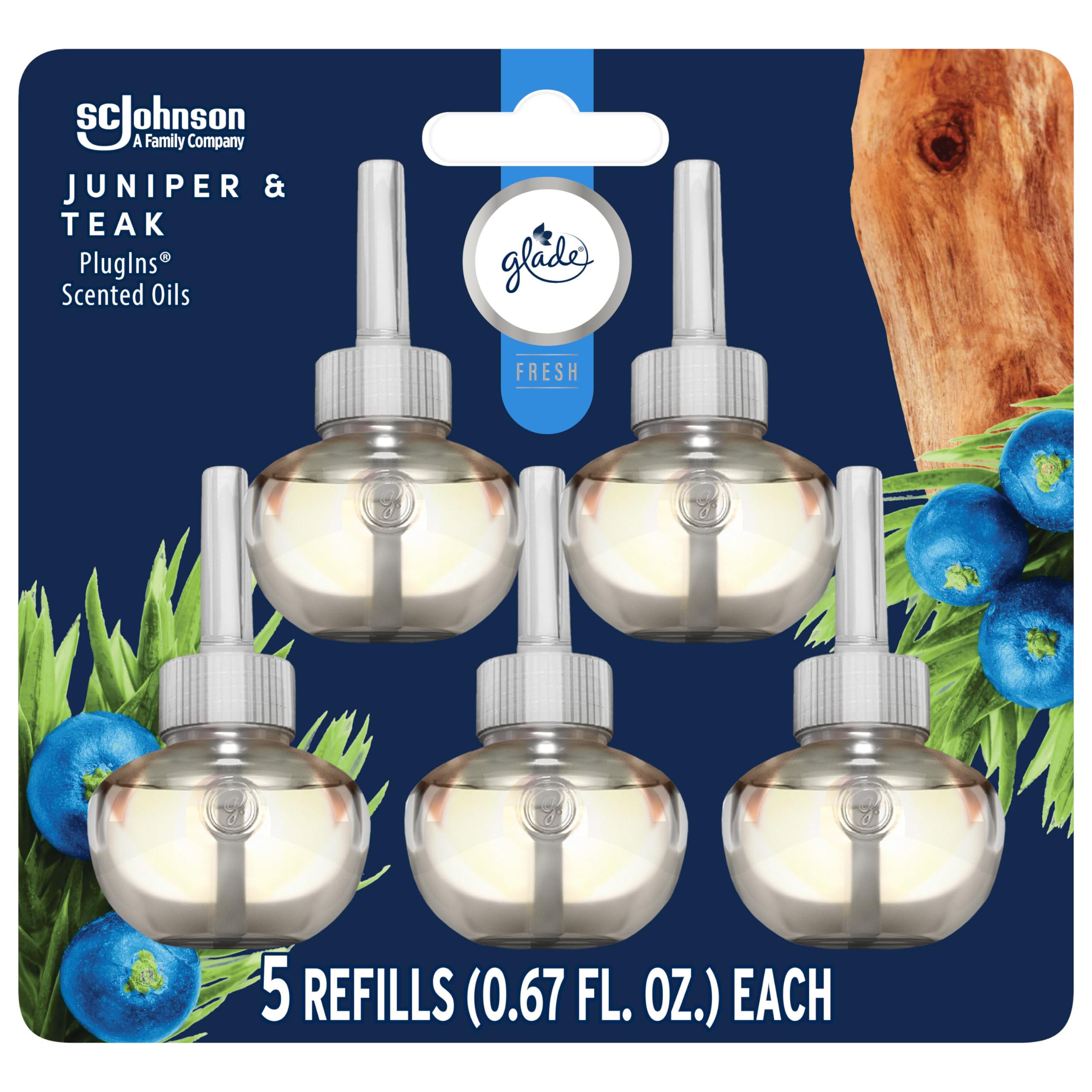 Glade PlugIns Refills Air Freshener, Scented and Essential Oils for Home and Bathroom, Juniper & Teak, Fresh Collection 3.35 Fl Oz, 5 Count