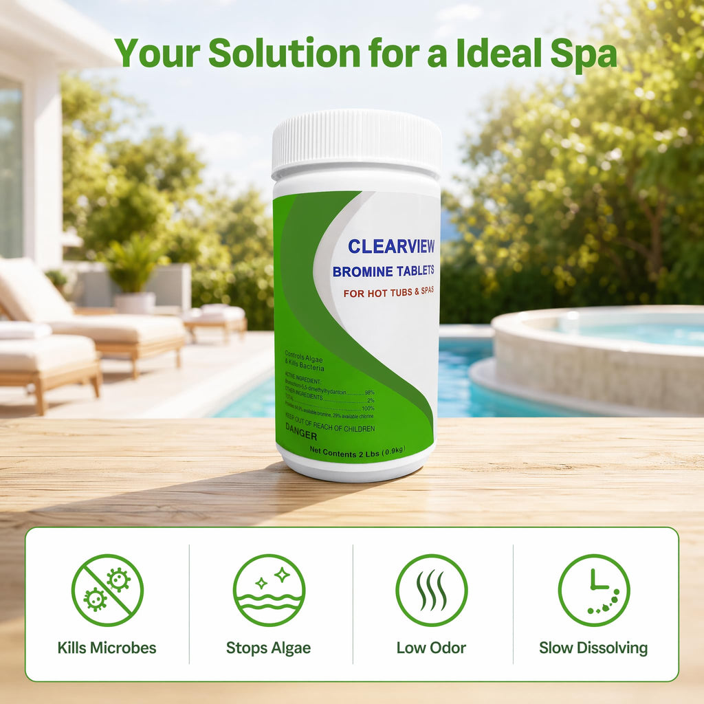 ClearView Bromine Tablets 1 Inch 2 Lbs for Spas, 1" Brominating Tabs Chemical Sanitizer for Pools & Hot Tubs, Slow Dissolving Low Chlorine Odor, Kill Bacteria & Control Algae