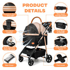 Dog Cat Stroller for Small/Medium Pets up to 50 lbs, 3-in-1 Foldable Pet Stroller with Detachable Carrier, Car Seat, Storage Basket, Cup Holder, Hanging Bag, Rain Cover, All-Terrain 4 Wheels (Khaki)