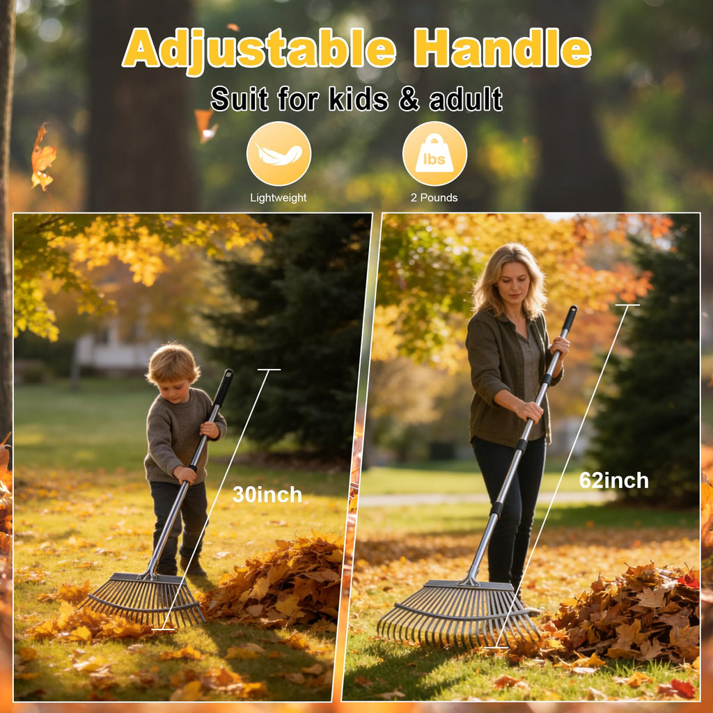 18-Inch Wide Heavy Duty Adjustable Metal Leaf Rake, 62-Inch Long Handle Garden Rake for Lawns, Grass, Flower Beds & Outdoor Yard Cleanup