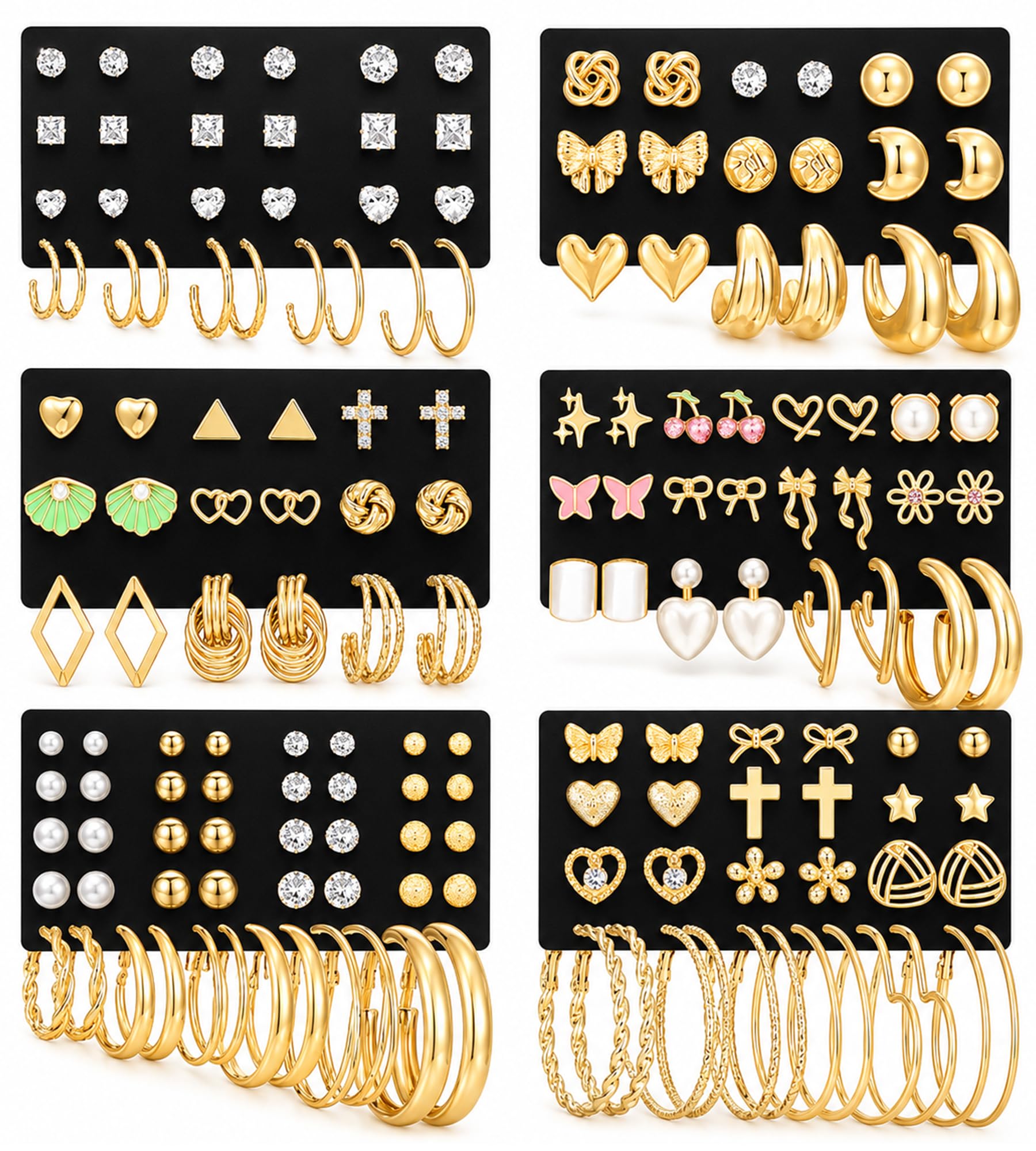 81 Pairs Gold Stud Earrings Set for Women Multipack, Trendy Pearl Cubic Zirconia Butterfly Heart Stud Hoops Earrings Packs, Gold Hoops Earrings for Jewelry Gifts