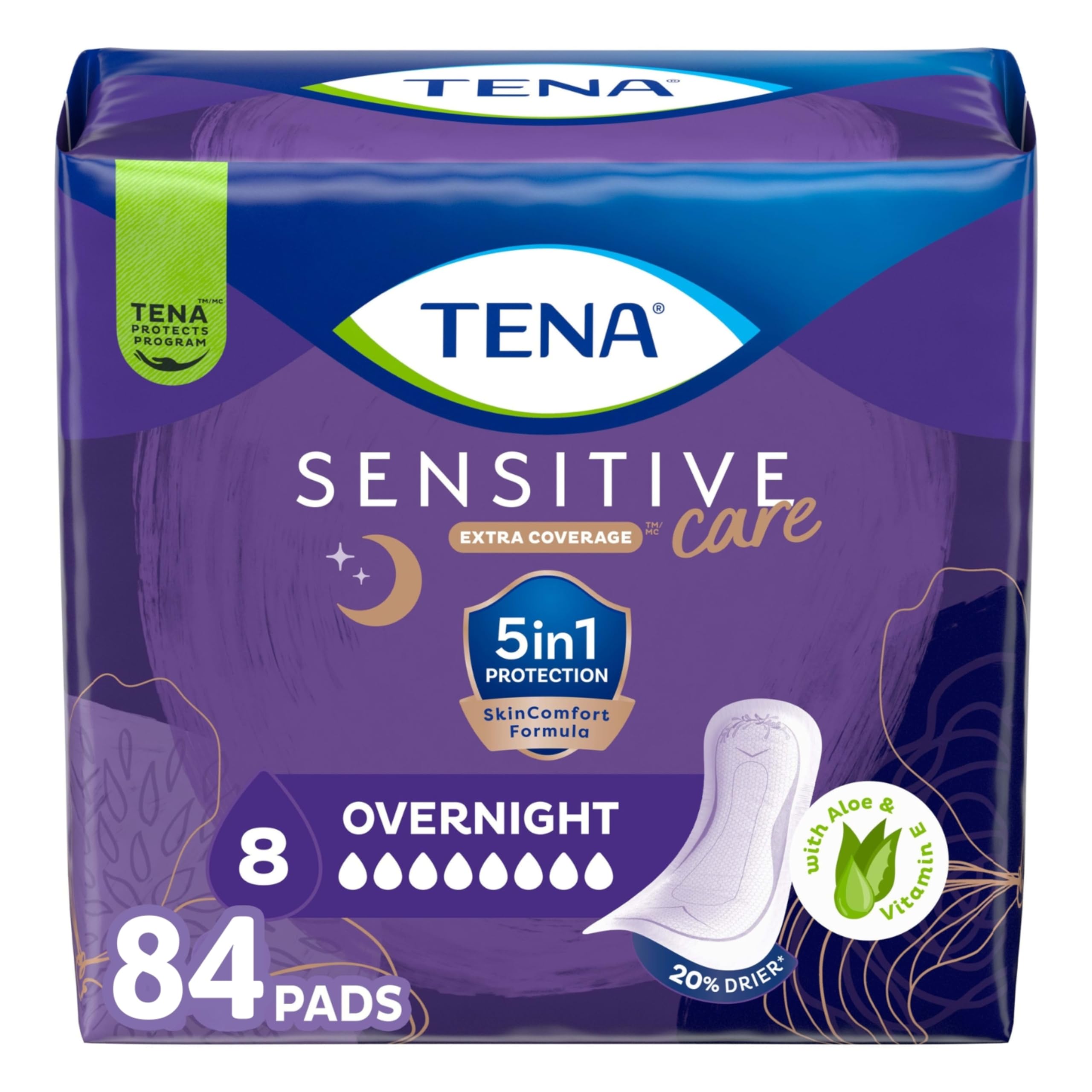 TENA Sensitive Care Incontinence Pads, Bladder Control & Postpartum for Women, Overnight Absorbency, Sensitive Care - 84 Count
