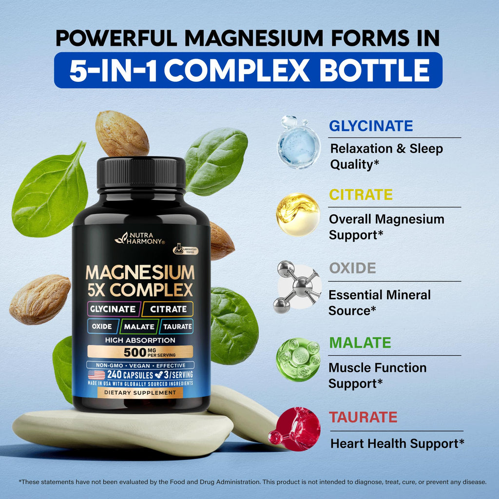 Magnesium Supplement - 5 in 1 Complex | Glycinate | Citrate | Malate | Taurate | Oxide - for Women & Men - Stress, Muscle & Heart Support - Lab Tested - Vegan, Natural, Non-GMO - 240 Capsules