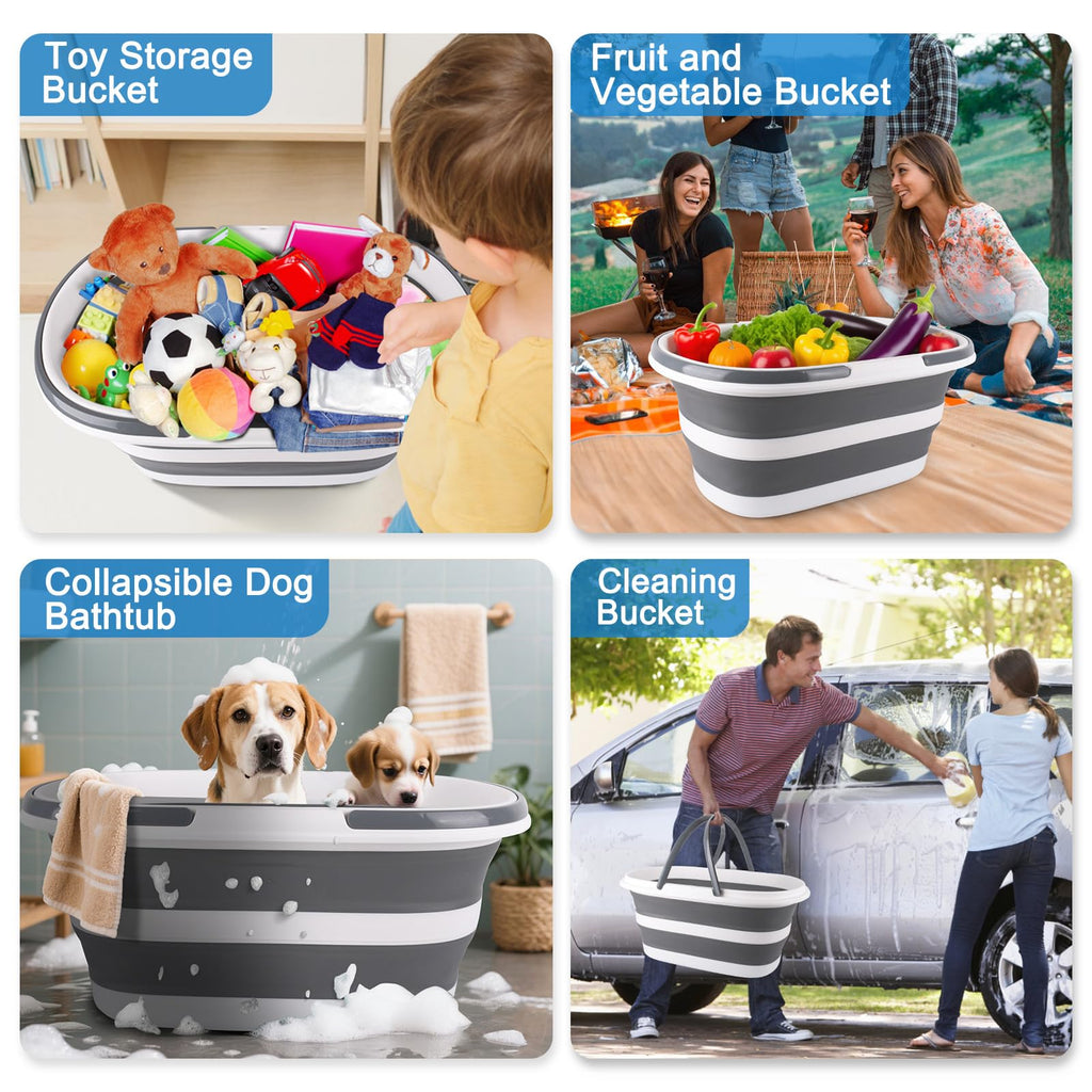Extra Large Collapsible Bucket 35L Mop Bucket With Handles & Wheels, Plastic Wash Basin Pet Bath Tub for Puppy Dogs Cats, Folding Laundry Basket Clothes Storage Organizer RV Outdoor Camping Essentials
