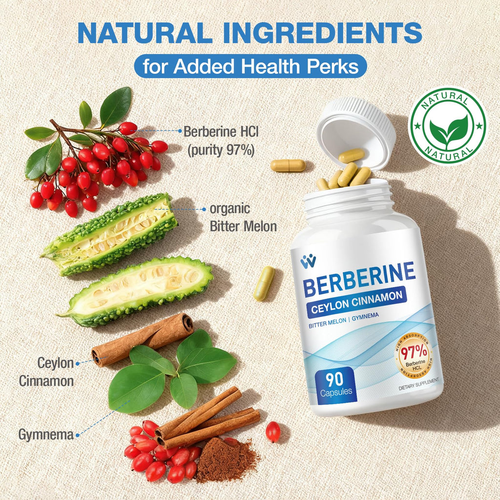 WACHRAY Berberine Supplement 1500mg - Berberine with Ceylon Cinnamon, Berberine HCl 97% Purity Complex Supplements, Non-GMO Vegan, 90 Capsules