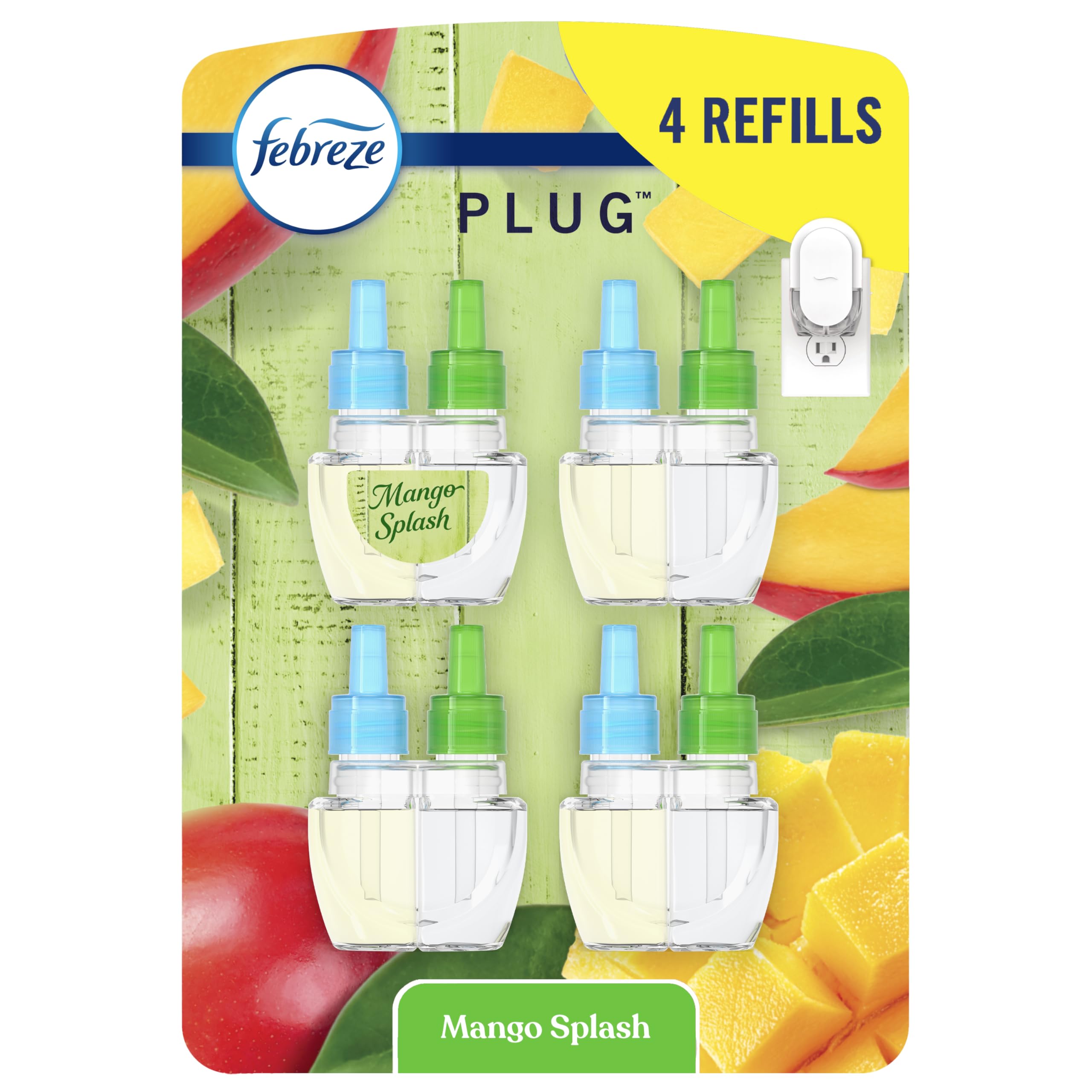 Febreze Plug In Air Freshener, Odor-Fighting Scented Oil Refill, Air Fresheners for Home and Bathroom and Kitchen, Long Lasting for Strong Odors, Mango Splash Scent, 0.87oz Refills, 4 Count