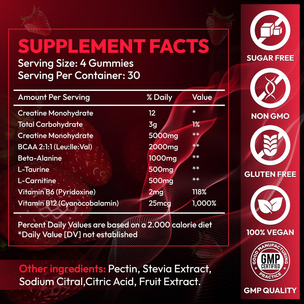AEQNJV Creatine Gummies Monohydrate Complex 9000MG, Chewable Creatine Monohydrate Gummies for Men & Women with L-Taurine, BCAA 2:1, B12/6, Building Muscle Strength and Boost Focus, 30 Days Supply