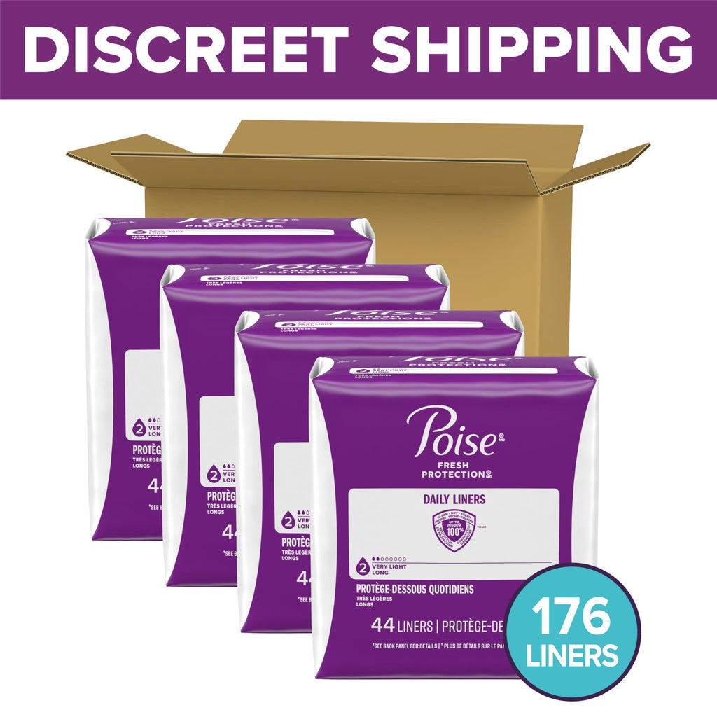 Poise Daily Liners, Incontinence Panty Liners for Bladder Leaks, 2 Drop Very Light Absorbency, Long Length, 176 Count of Pantiliners (4 Packs of 44), Packaging May Vary