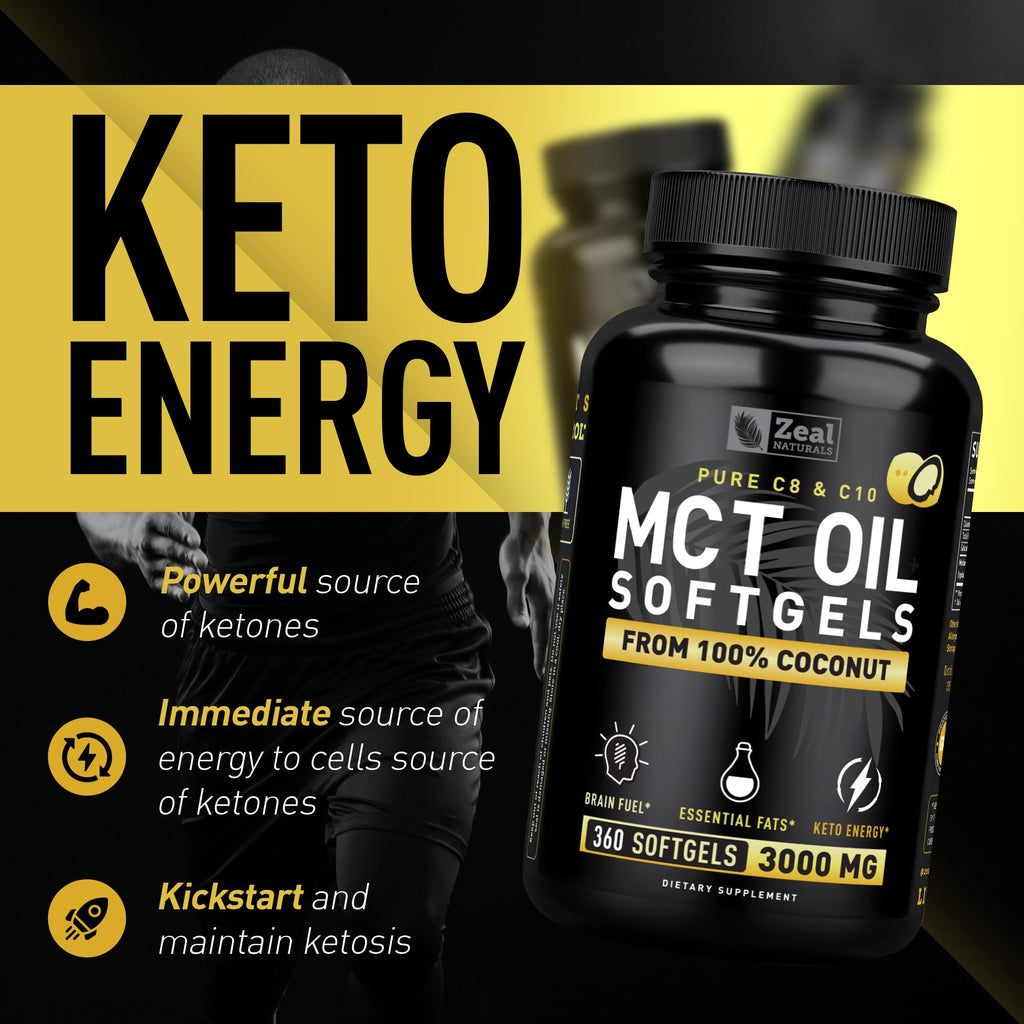 Zeal Naturals Pure MCT Oil Capsules - 3000mg, 360 Softgels |C10, C8 MCT Oil Unrefined Coconut | Energy Support & Brain Fuel Supplement | Gluten-Free