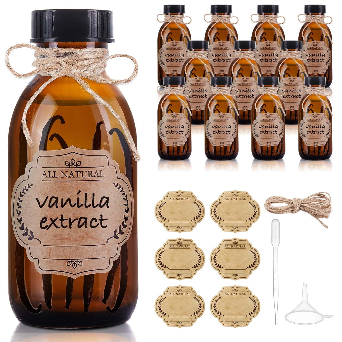 12 Pack 4 oz Vanilla Extract Bottles, Amber Glass Bottle with Twine