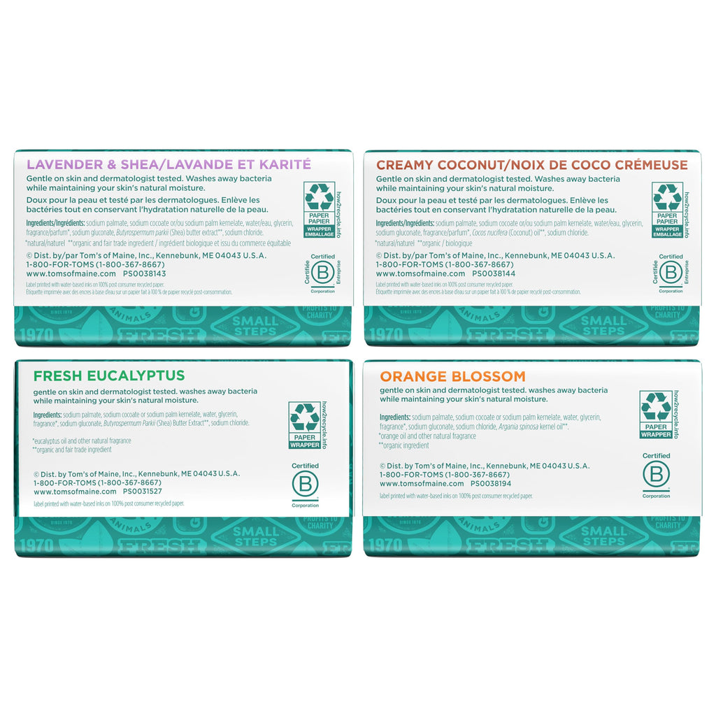 Tom’s of Maine Natural Bar Soap Variety Pack, Lavender & Shea, Creamy Coconut, Orange Blossom, Lemon Bergamot, Dermatologically Tested, Paraben Free, Vegan, 4 Count