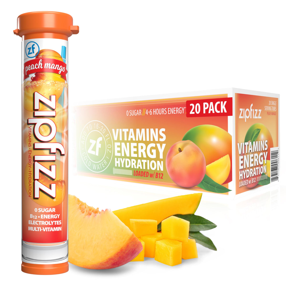 Zipfizz Energy Drink Powder, 20 Pack Electrolyte Mix with B12 - Peach Mango