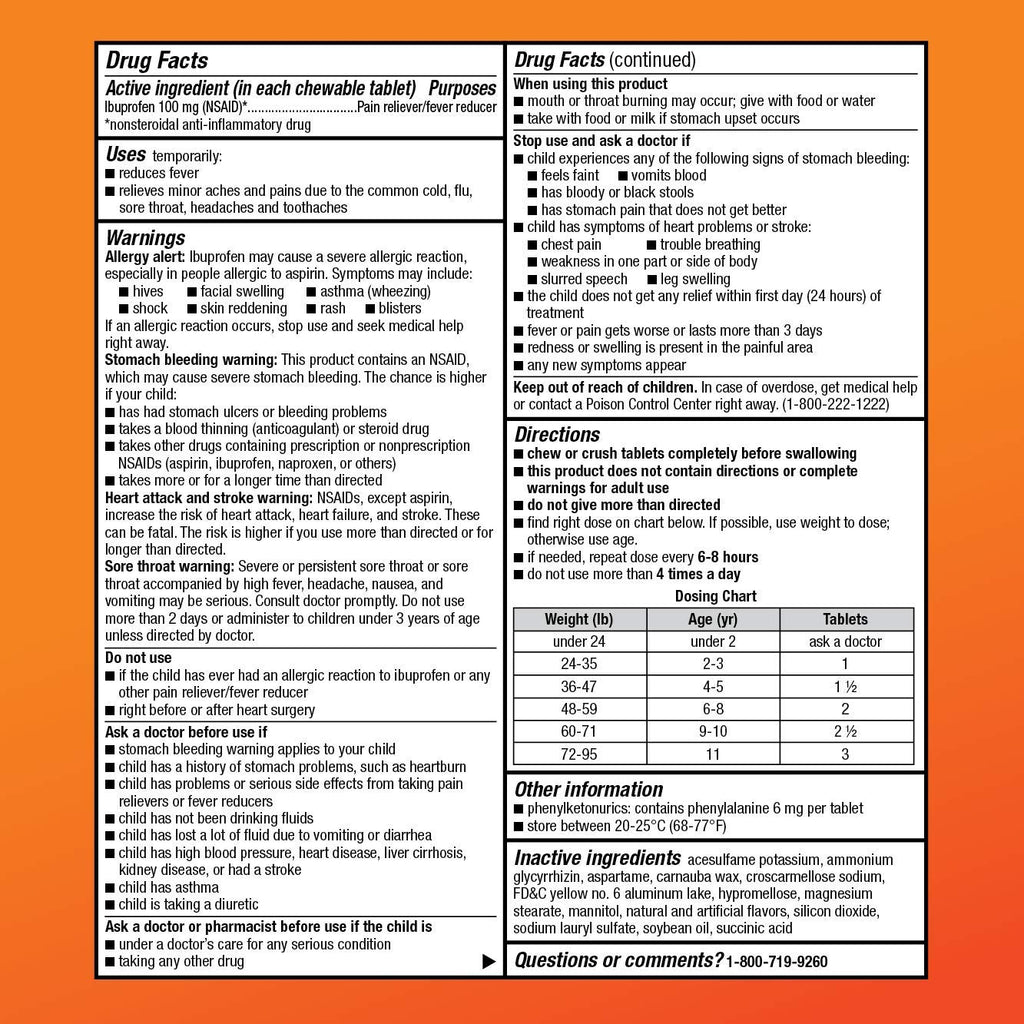 Amazon Basic Care Children's Ibuprofen Chewable Tablets 100 mg, Orange Flavor, Pain Reliever and Fever Reducer (NSAID), For Ages 2-11, 24 Count