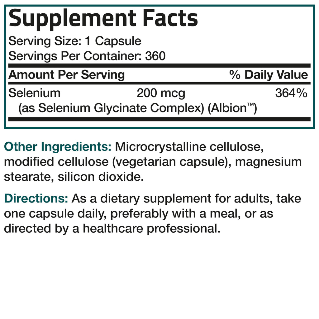 Bronson Selenium 200 mcg – Yeast Free Chelated Amino Acid Complex - Essential Trace Mineral with Superior Absorption, 360 Vegetarian Capsules