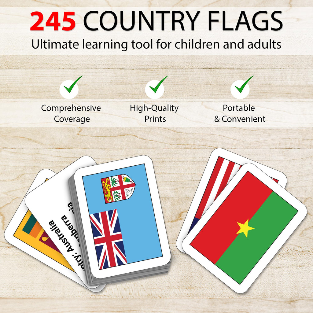 Zastic! World Flags Flashcards - 245 Country Flags, Capitals, Languages & Continents - Gloss Laminated Kids Geography Flash Cards