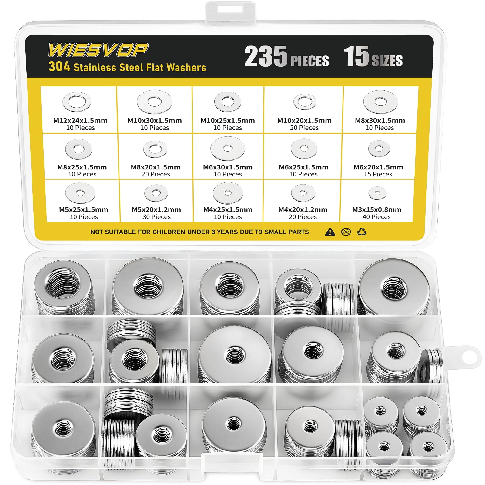 WIESVOP 235Pcs Fender Washers, 304 Stainless Steel Flat Washers Assortment Kit, 15 Different Sizes M3 M4 M5 M6 M8 M10 M12 Metal Washers for Screws Bolts Hardware for Various Home Industrial Automotive