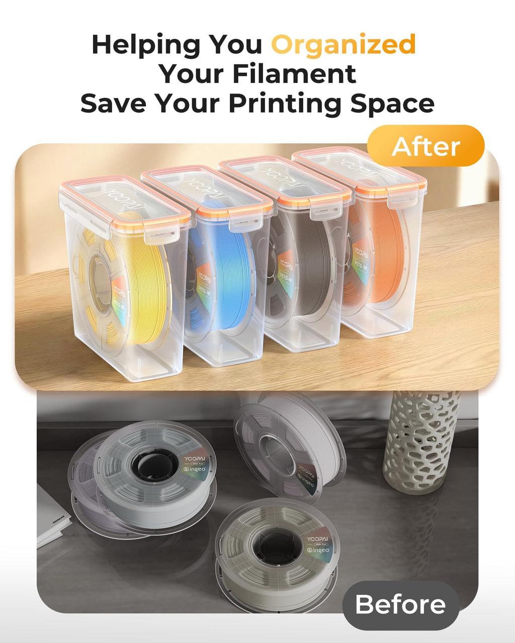 YOOPAI Pro Filament Storage Box – Precision-Fit Airtight Container for Single 1KG Spools, Flat-Lid Design for Stable Stacking, Premium Desiccant Moisture Control, 3D Printer Filament Storage 8 Pack