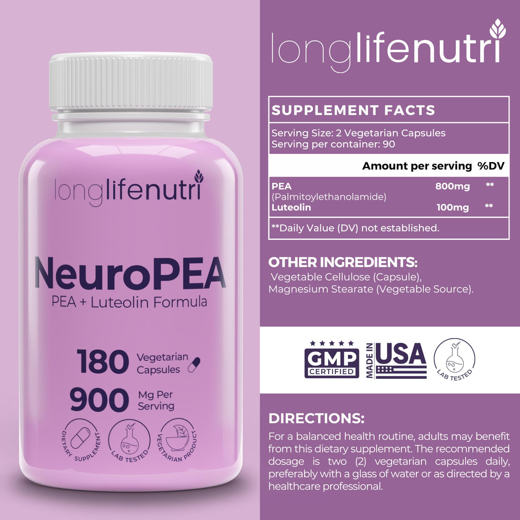 LongLifeNutri NeuroPEA (Palmitoylethanolamide + Luteolin 800mg/100mg) – Organic Supplement for Nerve Performance, 180 Vegetarian Capsules, 3-Month Supply, GMP Certified, USA Made