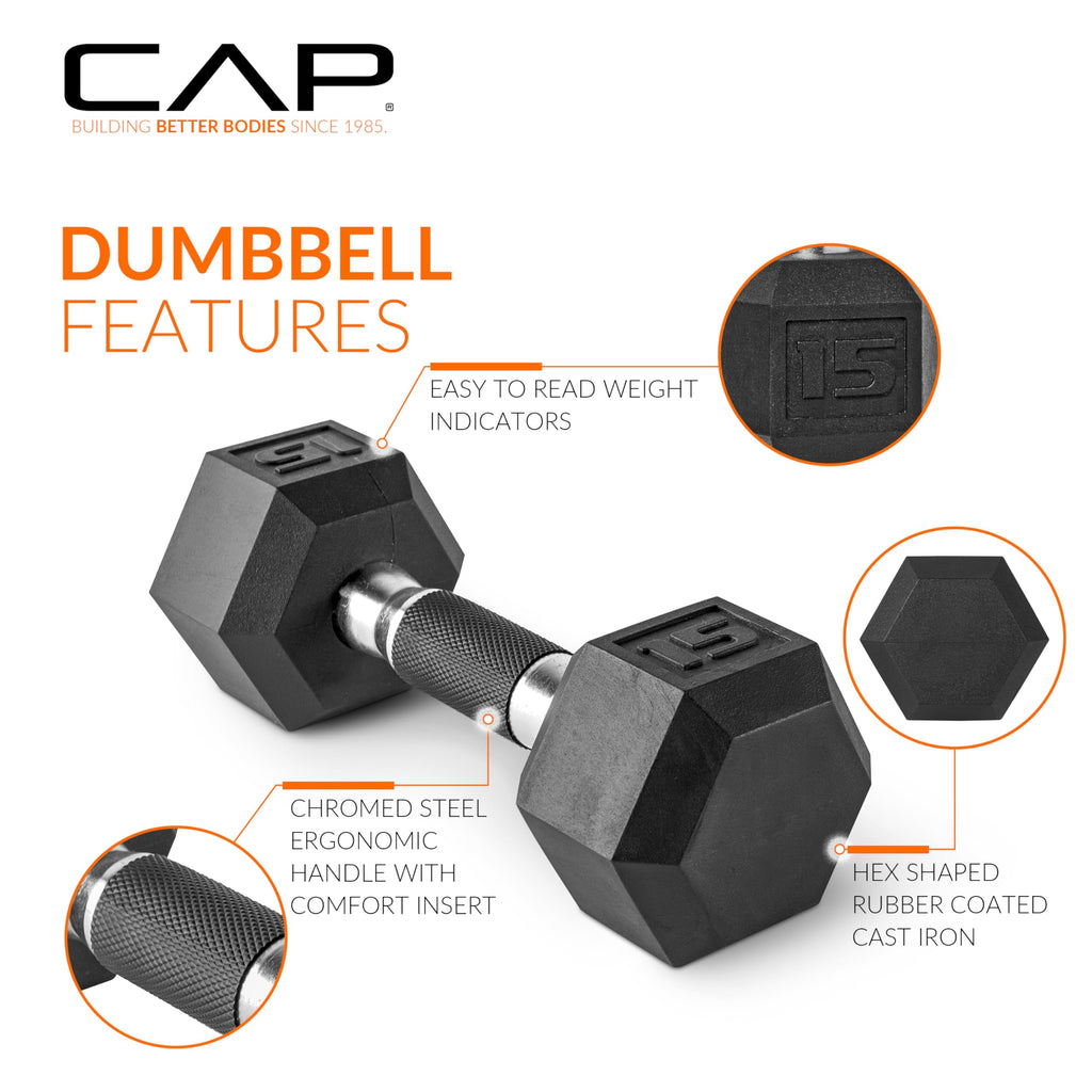 CAP Barbell 10 LB Rubber Coated Hex Dumbbell Hand Weight with Padded Grip - Single | Comfort Grip