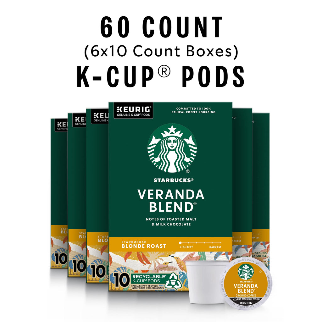 Starbucks K-Cup Coffee Pods, Starbucks Blonde Roast Hot or Iced Coffee, Veranda Blend, 60 Keurig Pods