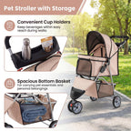 Giantex 3 Wheel Foldable Dog Stroller for Small Dogs Cats, Lightweight Pet Stroller with Lockable Wheels, One-Hand Quick Fold, Mesh Windows, Safety Leash & Storage Basket, Pet Travel Stroller (Beige)