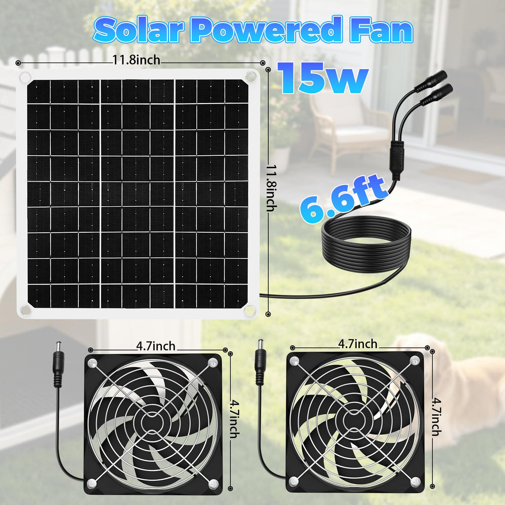 ZCTIMYI 15W Solar Powered Fan for Chicken Coop, Solar Panel Fan Ventilation Exhaust Kits for Greenhouse Outside Shed Doghouses Pet House, Included 2 IP65 Waterproof Fans