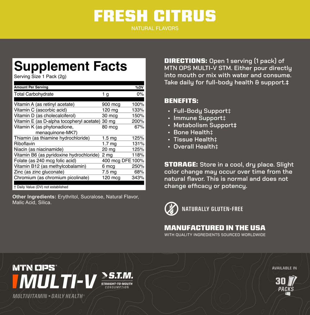 MTN OPS Multi‑V STM On‑the‑Go Daily Multivitamin for Men, Women & Kids – Straight‑to‑Mouth Vitamin C D3 B Zinc Packs – Gluten Free, Natural Flavors, 30 Servings