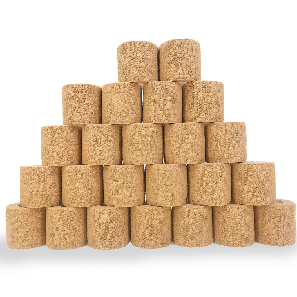 24 Pack Brown Breathable Self Adhesive Bandage Wrap 2 Inch, Multi-Purpose Non-Woven Cohesive Wrap - Vet Wrap | Athletic Tape | Medical Tape, Ankle Sprains, Swelling, Pets.